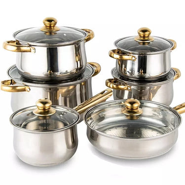Cookware Sets, 12Pcs Pots and Pans Kitchen Cooking Set with Golden Handle, Easy to, Kitchen Cookware Set for Induction Electric and Gas Cooktops
